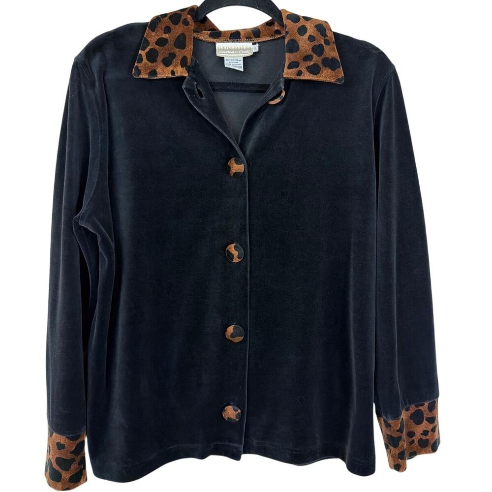 Coldwater Creek Black Button Up Jacket with Leopard Print Accents Size S
